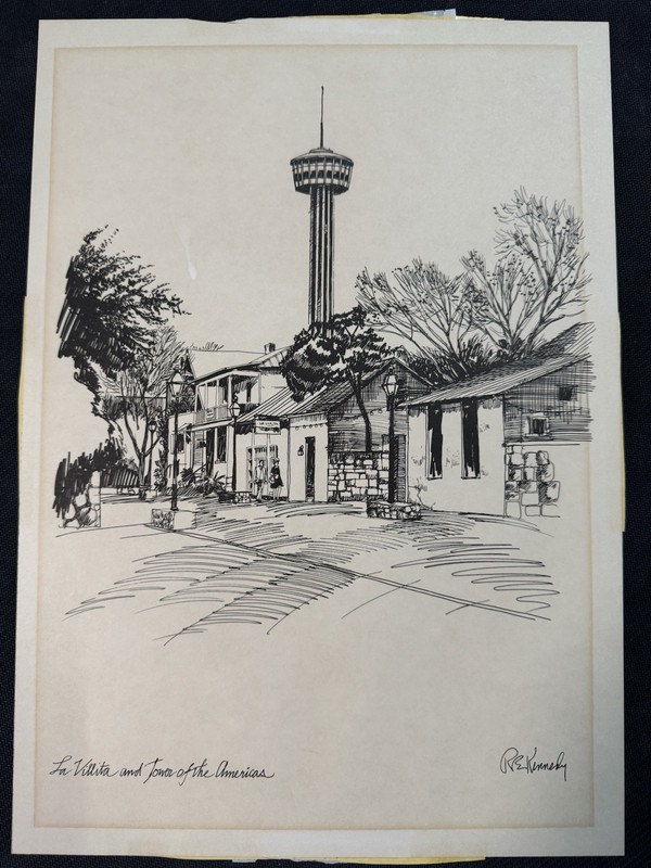 Vintage R E. Kennedy La Villita and Tower of the Americas San Antonio Art Print