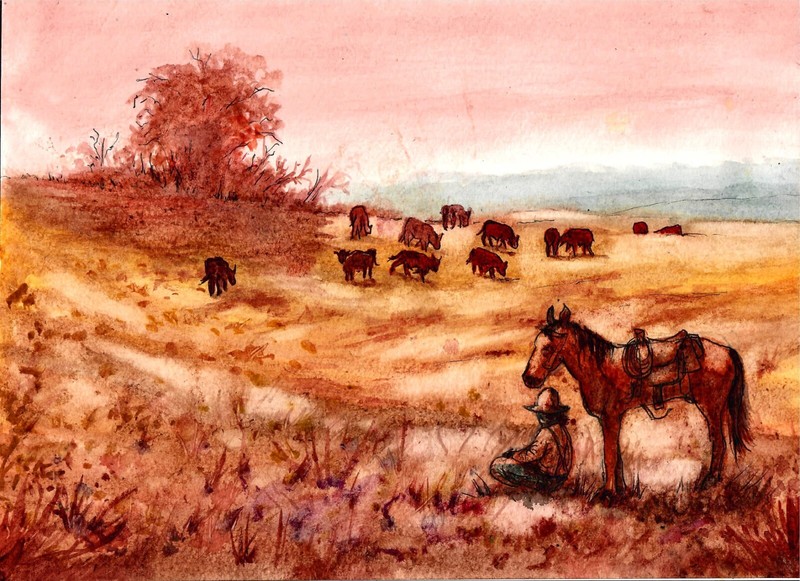 Cowboy Sitting Watching His Cattle, Cowboy Art, Western Art, Cattle Grazing