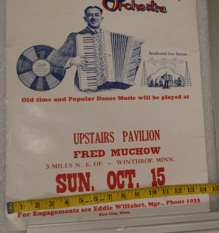 ANTIQUE MUSIC POSTER DANCE EDDIE WILFARHTS NOVELTY ORCHESTRA WINTHROP MINNESOTA gallery