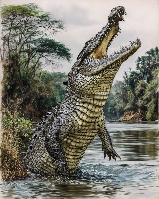 8×10 Crocodile Ambush in River Wetlands Wildlife Art Print – 105370340