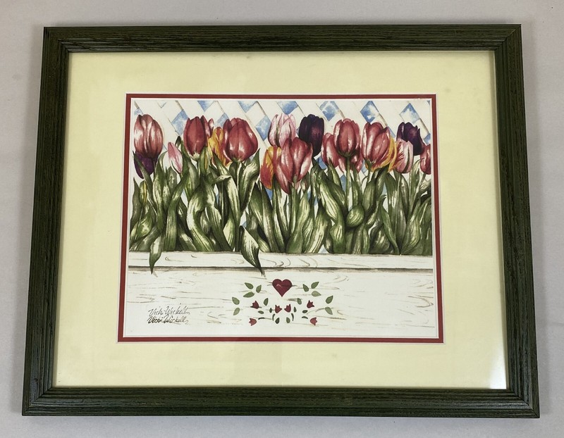 VICKI WICKELL WATERCOLOR PINK & RED TULIPS SIGNED FRAMED PRINT 15 1/4″ x 12 1/4″