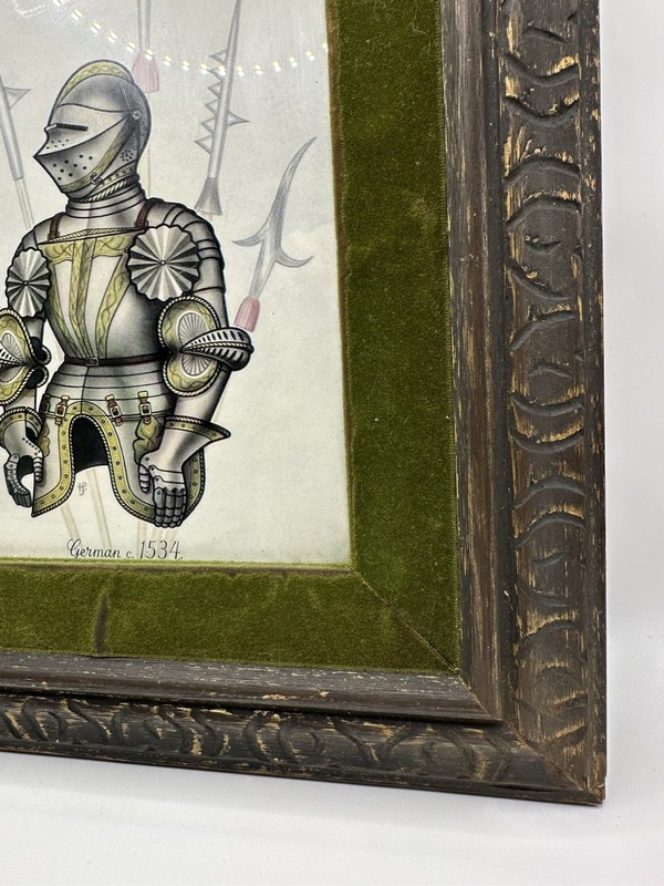 Framed Art Print Medieval Knight Weaponry Green Felt Mat Carved Wooden Frame gallery