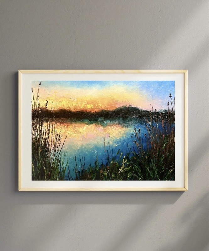 Textured Oil Painting Sunset Landscape Wall Art Print | Palette Knife Painting