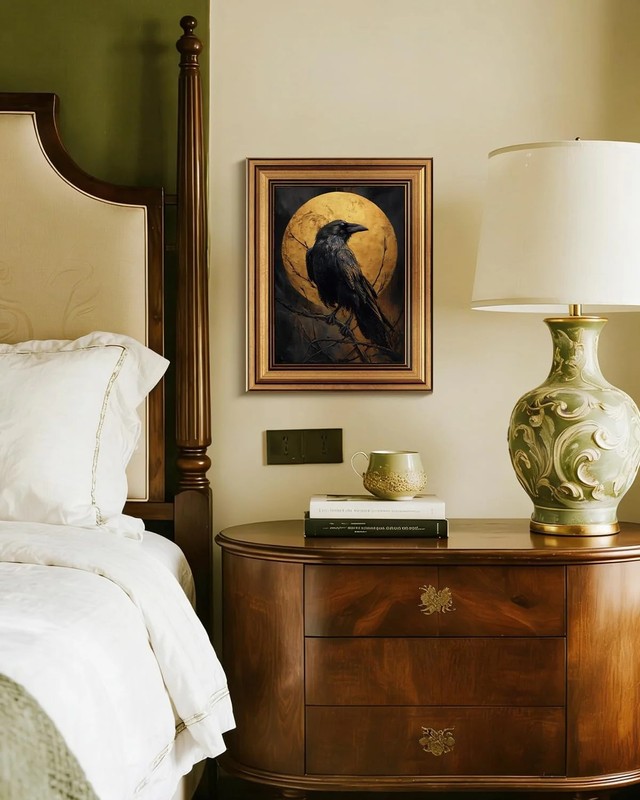Vintage Gold Framed Raven Wall Art 8x10 Inch Gothic Crow Illustration with Full gallery