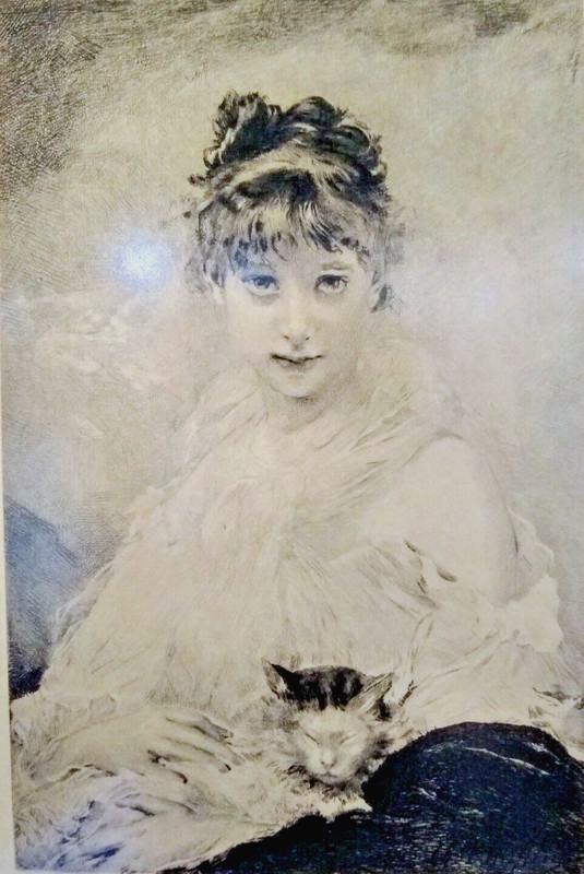 Etching of Young Girl with Cat by French Artist Gabrielle Poynot 1890