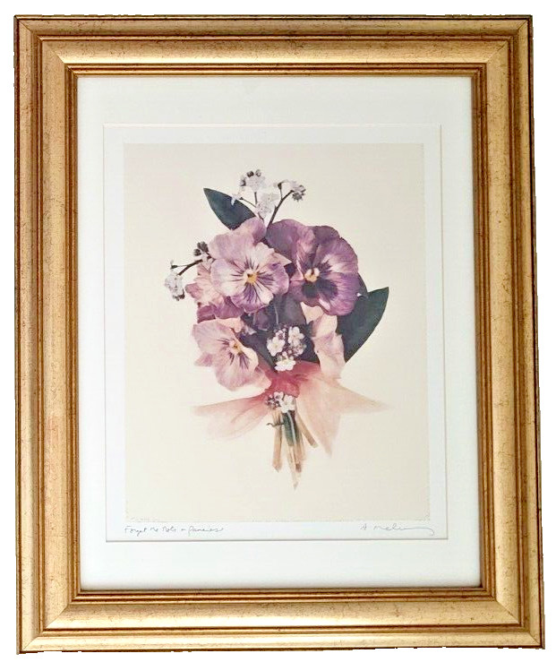 Artist Signed Forget Me Nots and Pansies Art Print Framed 17 in. x 14 in.