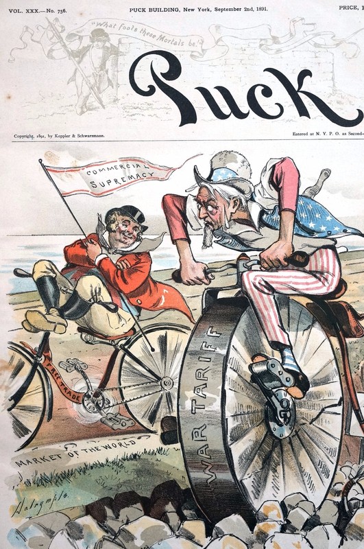 Free Trade 1891 UNCLE SAM BICYCLE RACE GLOBAL ECONOMY COMMERCE TARIFF WAR RACING