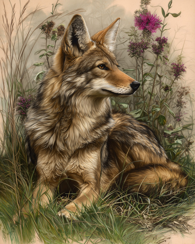 8×10 Coyote, resting in grasses, meadow edge, painterly, alert ears – 668411158