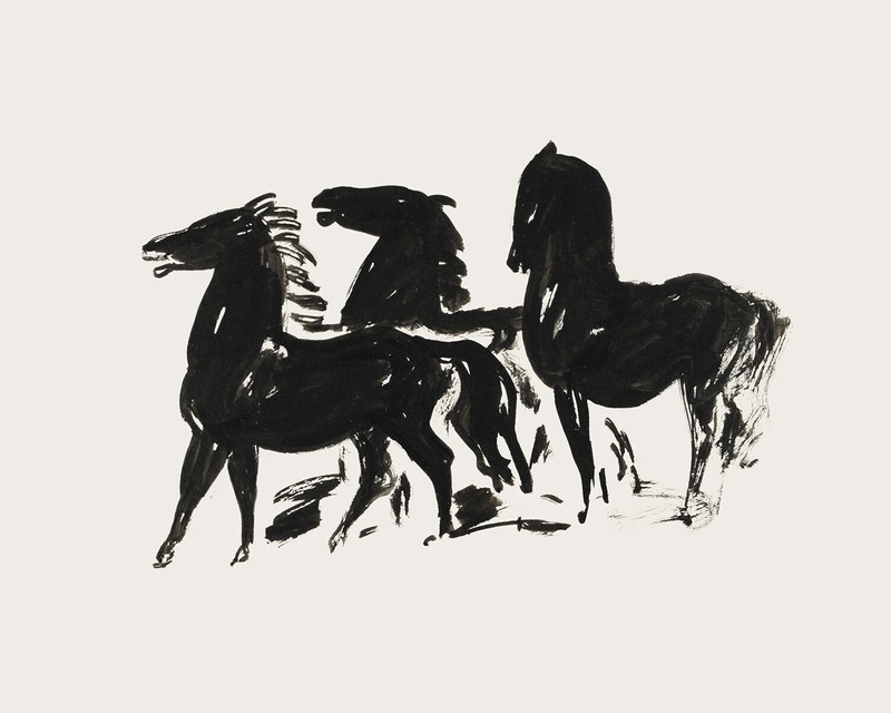 Three Black Horses Vintage Painting Giclee Print on Fine Art Paper