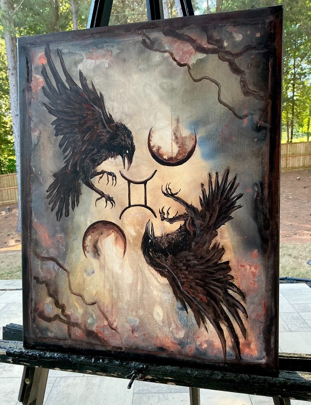 Gemini - Zodiac Art Print - Two Crows Flying with Star Sign & Surreal Moons gallery