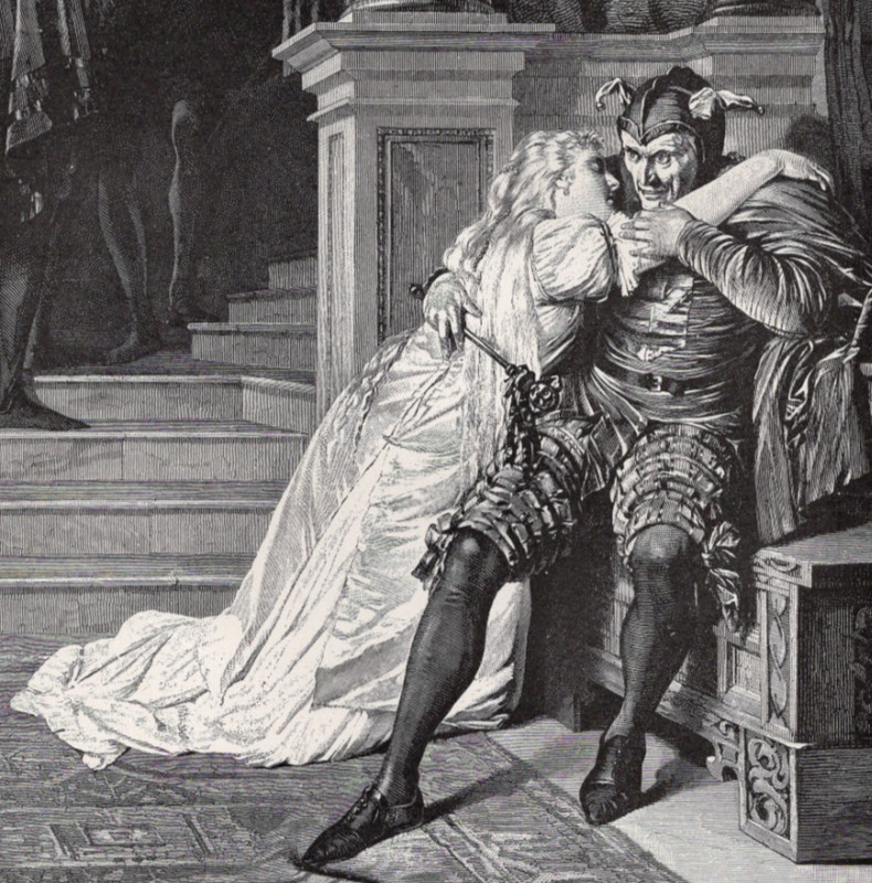 GILDA AND RIGOLETTO Dramatic Castle Queen Medieval 1892 Antique Engraving