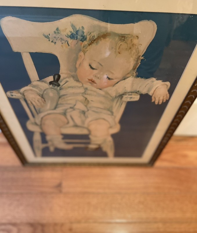 Vintage Lithograph Baby Sleeping in Chair Maud Tousey Fangel 16 1/2” X 21 1/4”