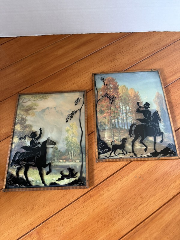 Vintage Silhouette Reverse Painted Art Man and Woman Horse Hunting Victorian 3D