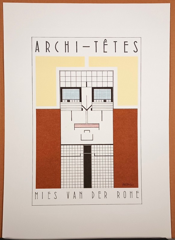 Unframed Lithograph «Miles Van Der Rohe» by Louis Hellman – Archi-tetes Series