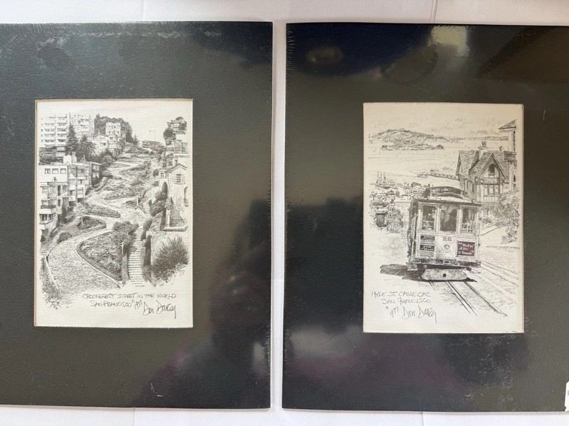 Pair of 1977 Don Davey San Francisco Scenes Matted Art LOMBARD ST & CABLE CAR