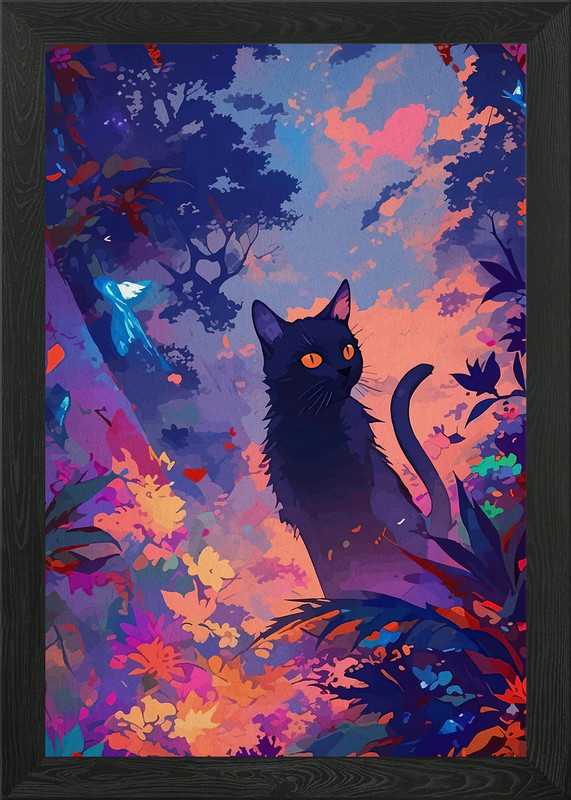 Black Cat in Colorful Forest Framed Wall Art Poster Canvas Print Picture