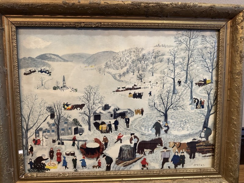 Vintage Grandma Moses Sugaring Off Framed Print Folk Art Winter Scene 25.5×19.75