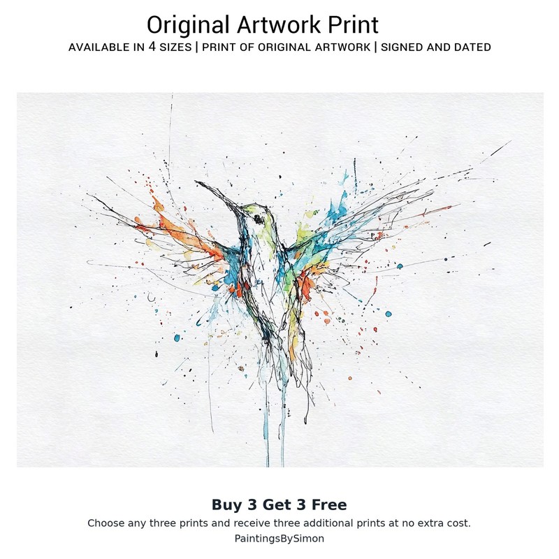 Hummingbird 5"x7" Print on Matte Paper | Colorful Bird Ink and Wash Wall Art