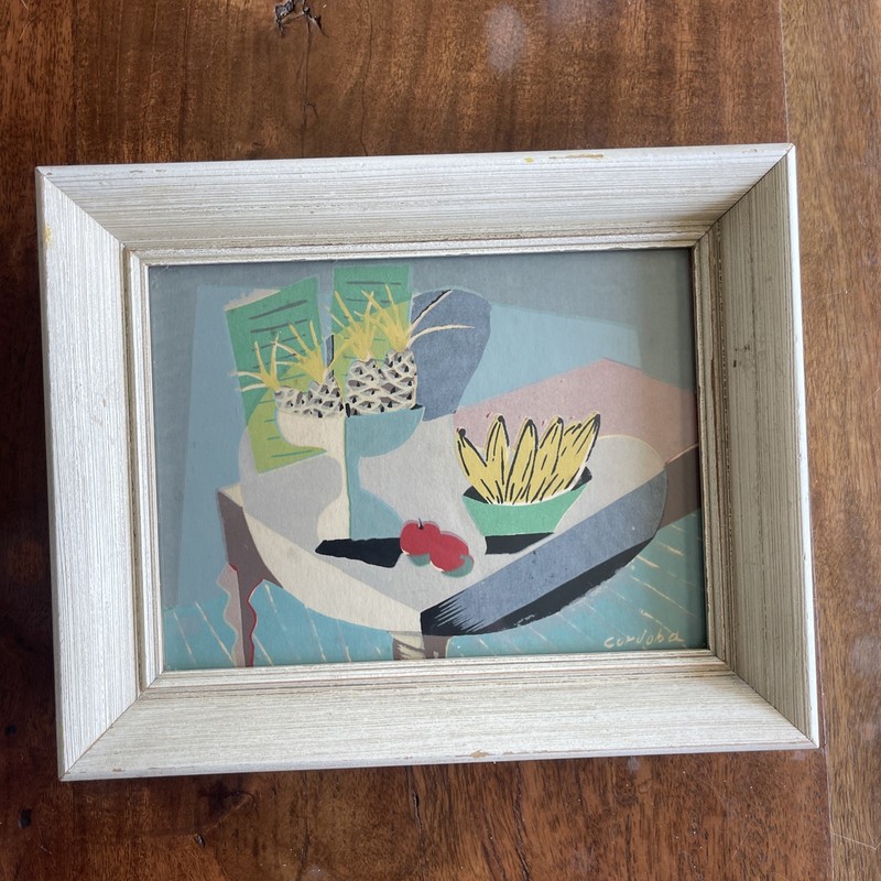 Vintage 50s/60s MCM Synthetic Cubist Still Life Table Top Print Signed CORDOBA