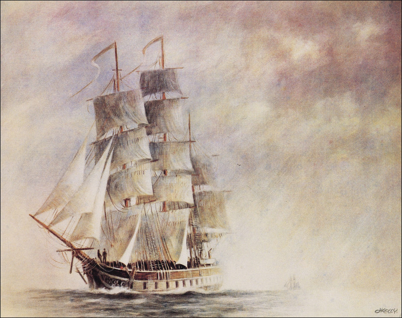 1984 Vintage Print Sail Ship Boat Fog Coast American Maritime Pastel Art Image