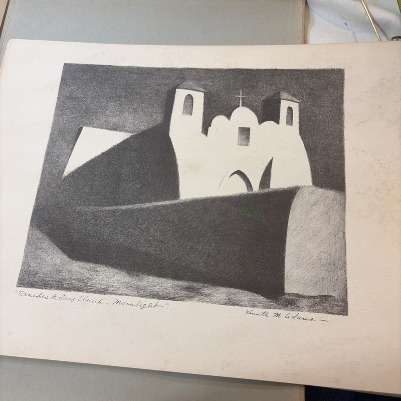 Kenneth M. Adams Litho Ranchos de Taos Church Moonlight from Portfolio dtd 1950