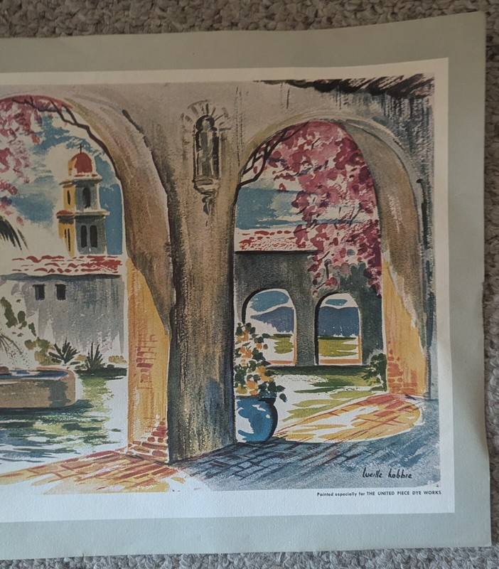 Print of Mission Scene, Southern Cal. - Painted For The United Piece Dye Works gallery