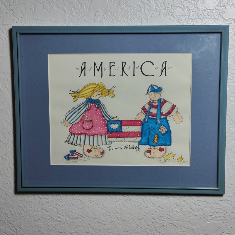 Americana Style Folk Art Framed Print «America, A Land of Liberty» 14×11 Vtg ’93