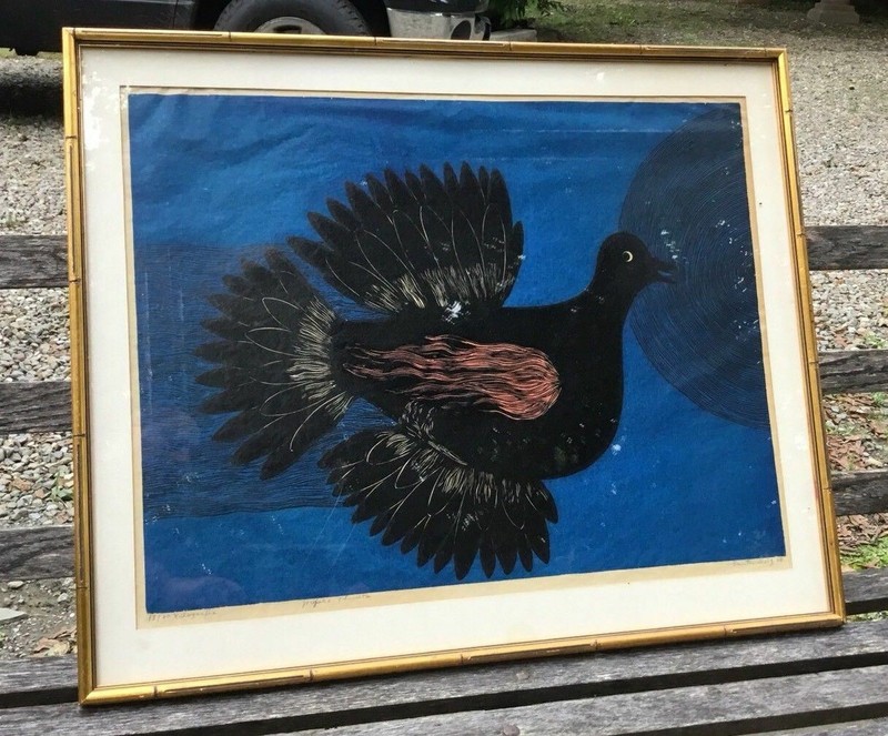 VINTAGE COLOR WOODCUT PRINT OF A FOLK ART STYLE BIRD ARTIST SIGNED 68