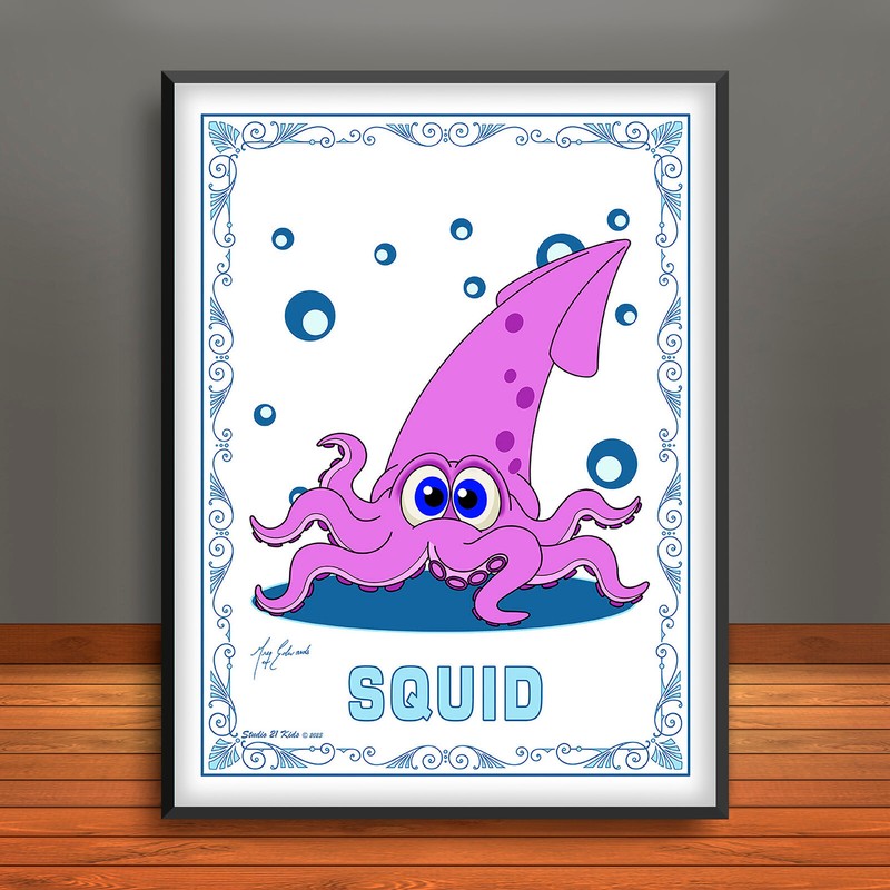 Cartoon Squid Print, Ocean Art, Sea Life Decor, Aquatic Creatures
