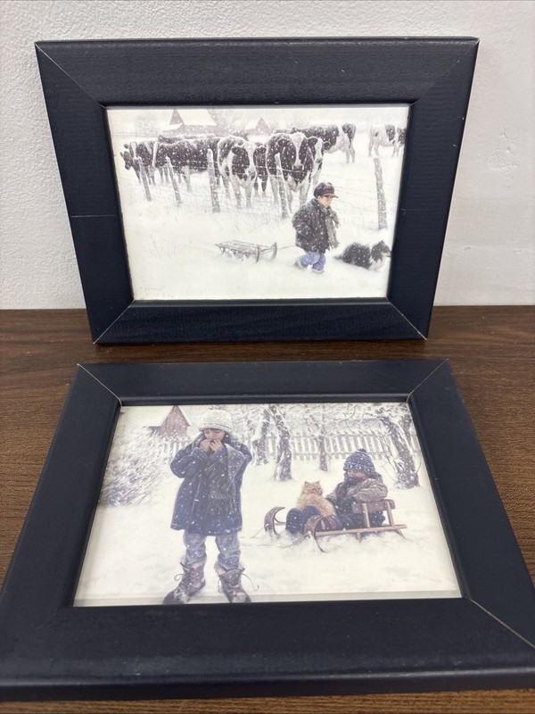 Pair of 5×7 Framed Kids in Winter with Sled & Cows