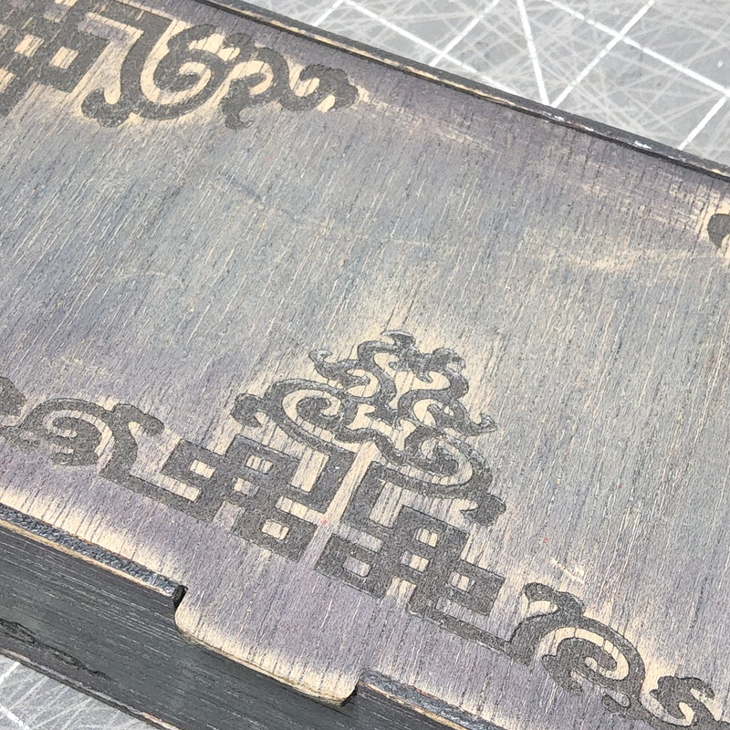 Custom laser etched border scroll flip top wood stash box teal purple 8x4x2 gallery