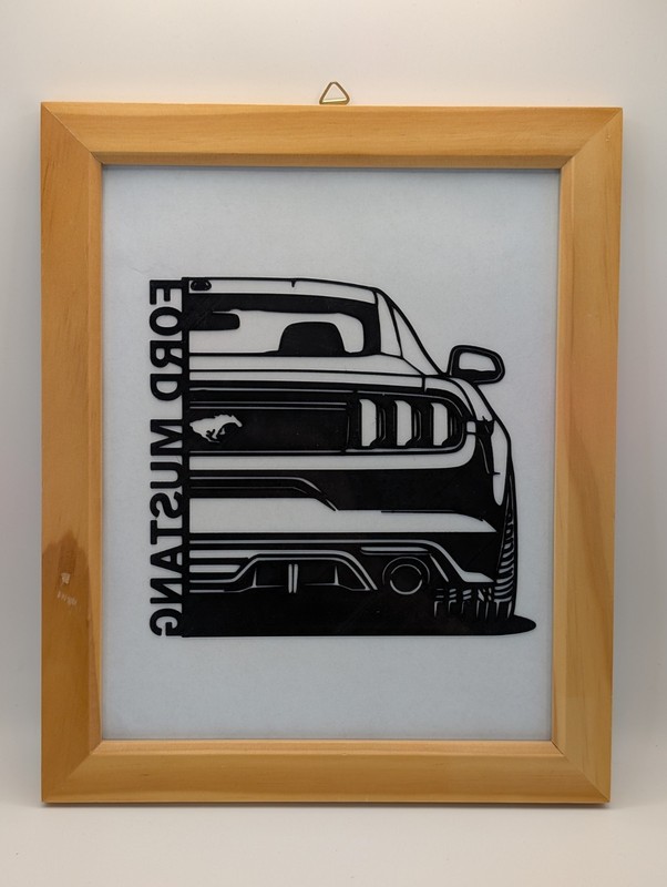 3D Printed Ford Mustang Wall Art – Framed Car Decor (9″ x 11.5″ Wooden Frame)