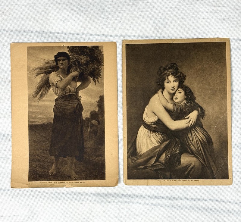 2 Antique Art Prints The Gleaner, Madame Le Brun Victorian Photogravure 1918