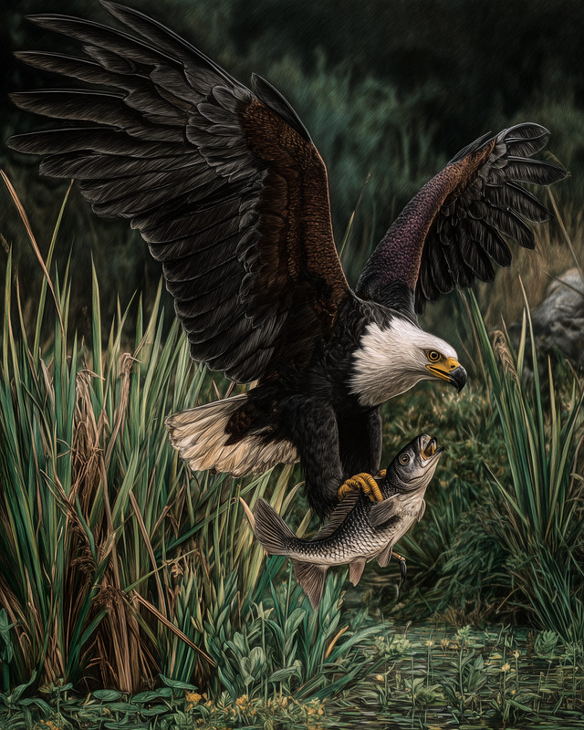 8×10 Bald Eagle swooping fish river reeds and water illustration – 720997516