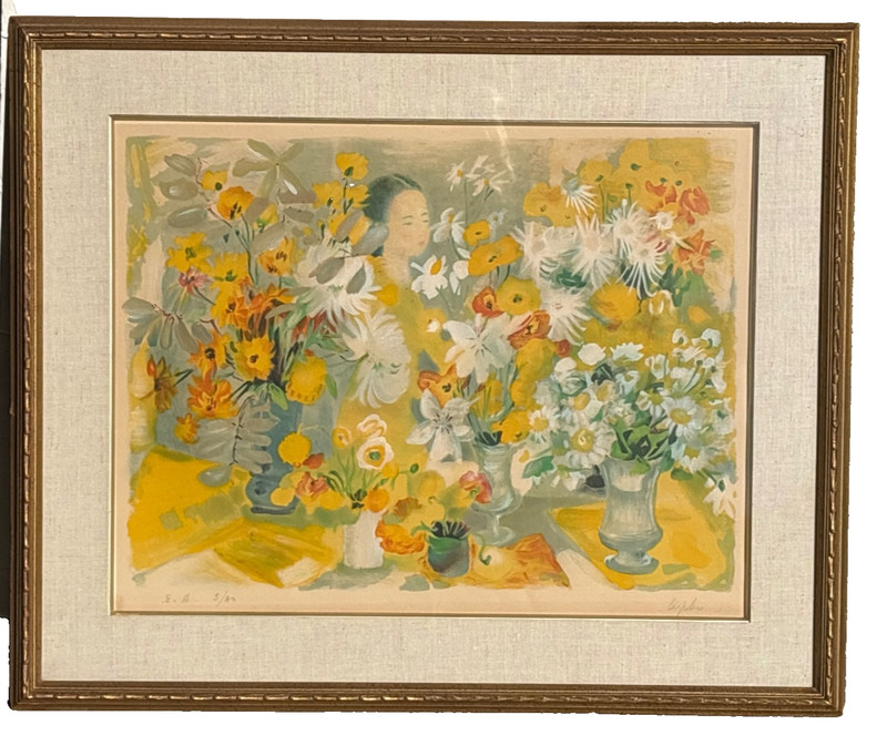Le Pho Original Pencil Signed Color Lithograph Girl Surounded By Flowers