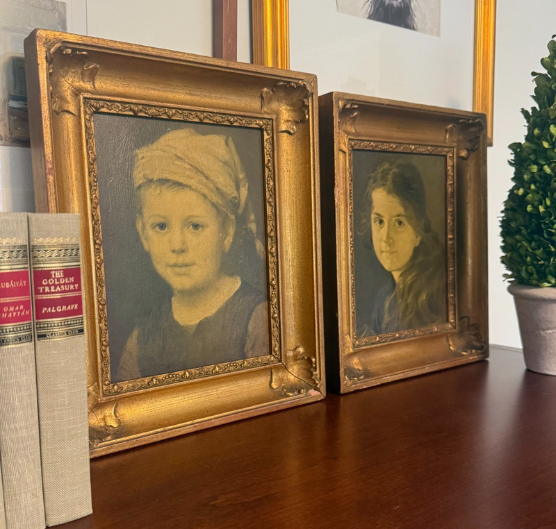 Vintage Gold Framed Portrait Prints Set 2 Victorian Children Moody Gallery Wall