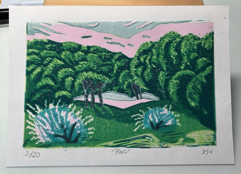 5" x 7" Reduction Linocut Print 8 Color Unframed “pond” #5/20 DSV