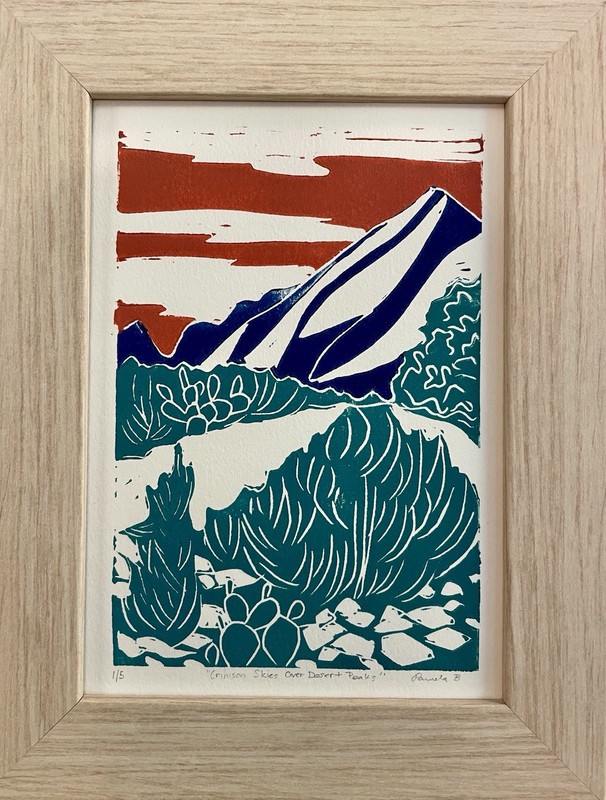 Crimson Sky Desert Linocut Print – Southwest Mountain Folk Art