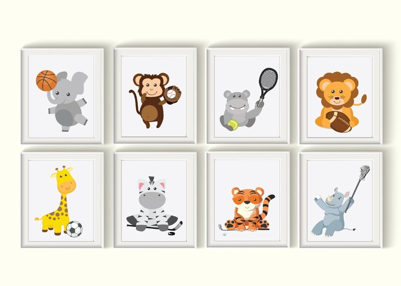 Jungle Animal Sports Art Print Set of 8 8×10″ Safari Nursery Football Tennis