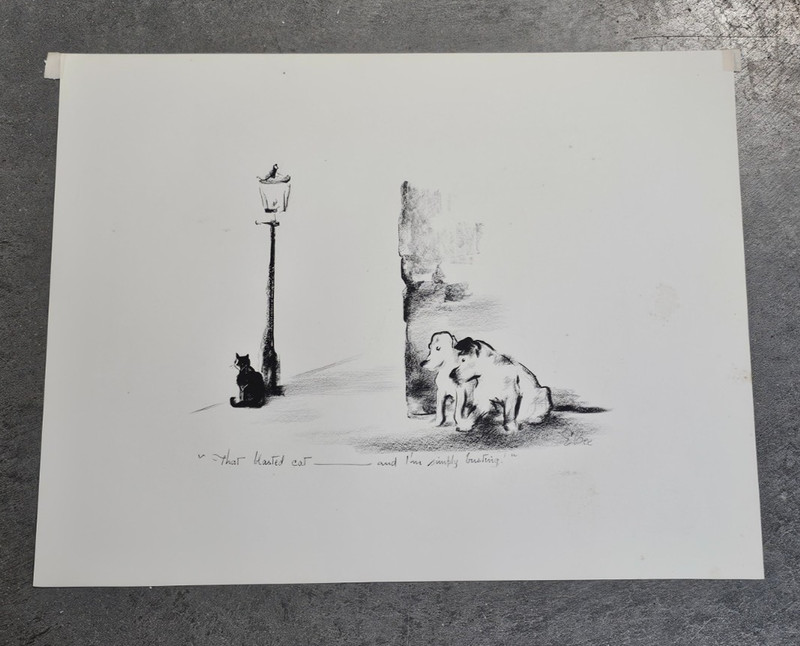 Edmund Blampied Lithograph 1934 «That Blasted Cat…» 19 1/4″X 14″ Pair of Dogs