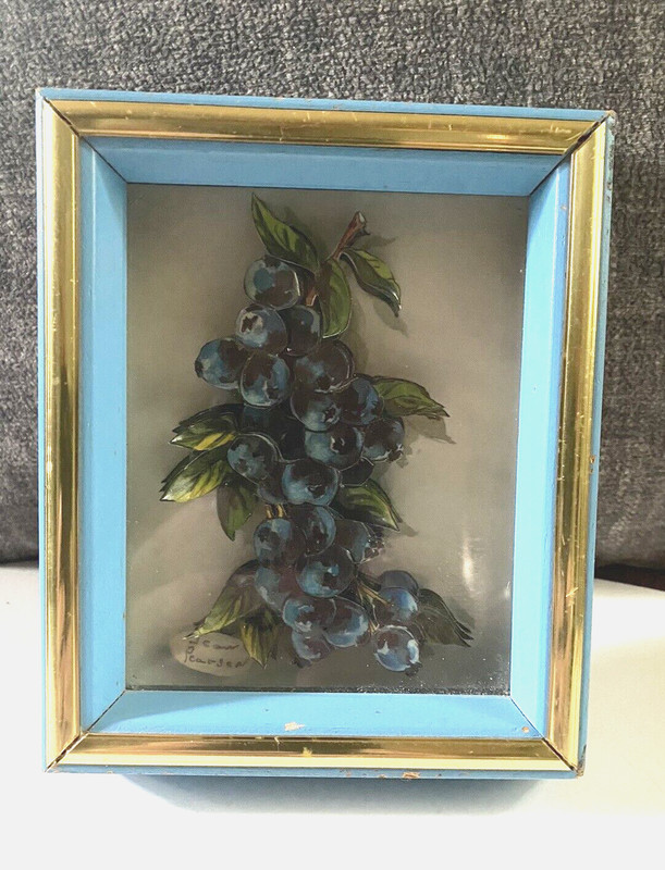 Vintage 3D Cut Layered Paper Tole Decoupage Grapes in Shadow Box Frame SIGNED