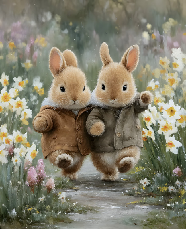 8×10 Two Rabbits Holding Hands in Field of Flowers Art Print – 494887560