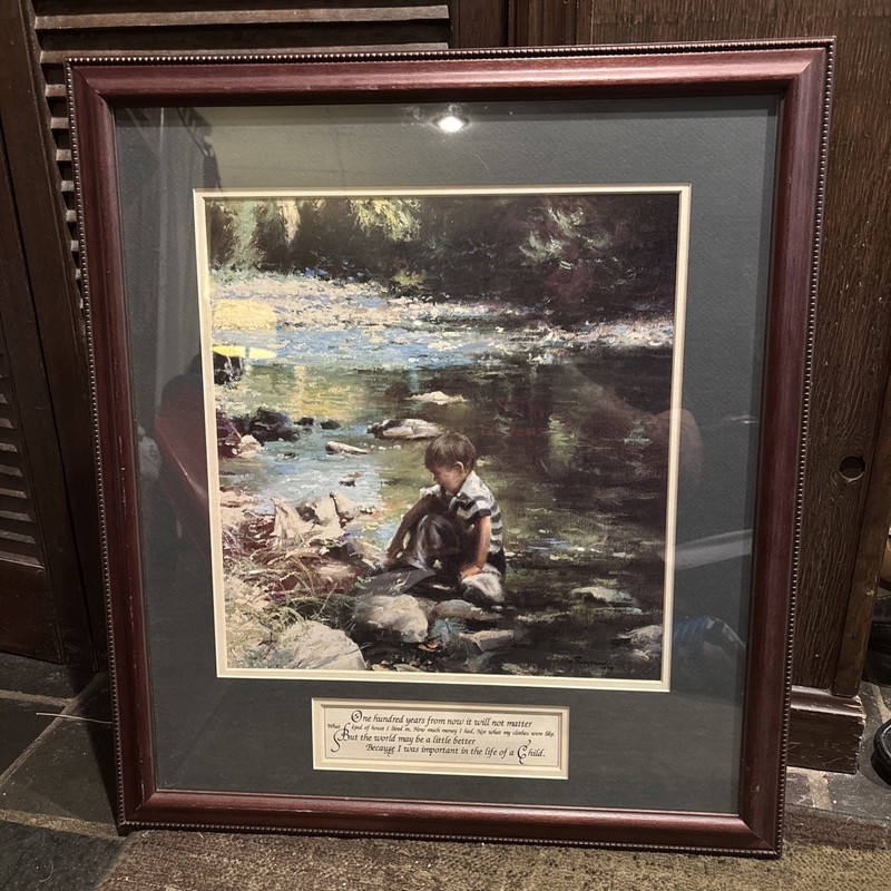Richard E Thompson Mill Creek Boy Sitting on Rock in Creek Painting Framed 25×22