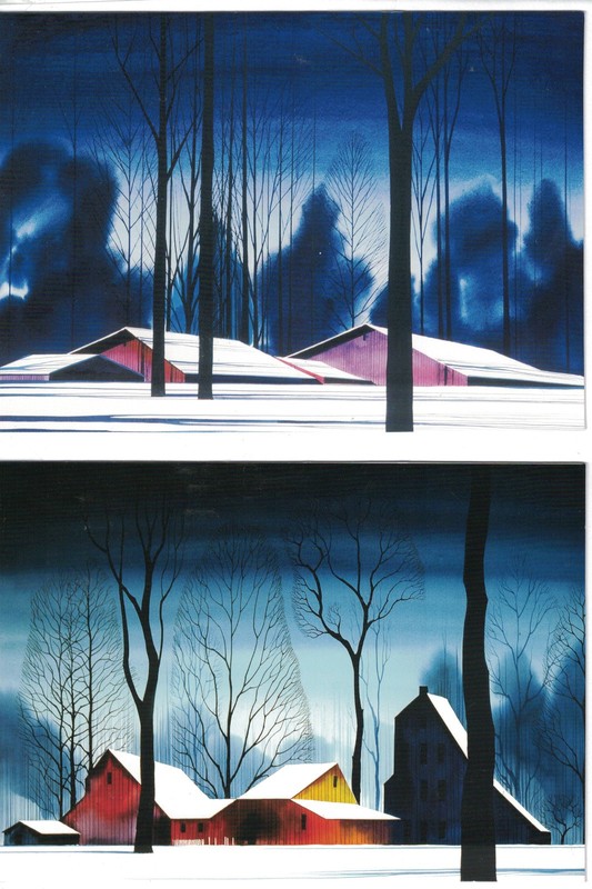 Lot of two Eyvind Earle blank note cards: «Winter Barns» frame them 5×7