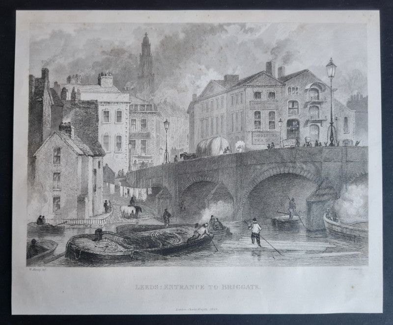 Antique 1850 print – Leeds – Entrance to Briggate – Yorkshire – W. Harey