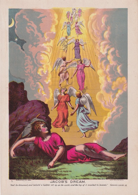 JACOB'S DREAM LADDER HEAVEN ANGELS Religious Antique Print Chromolithograph 1888