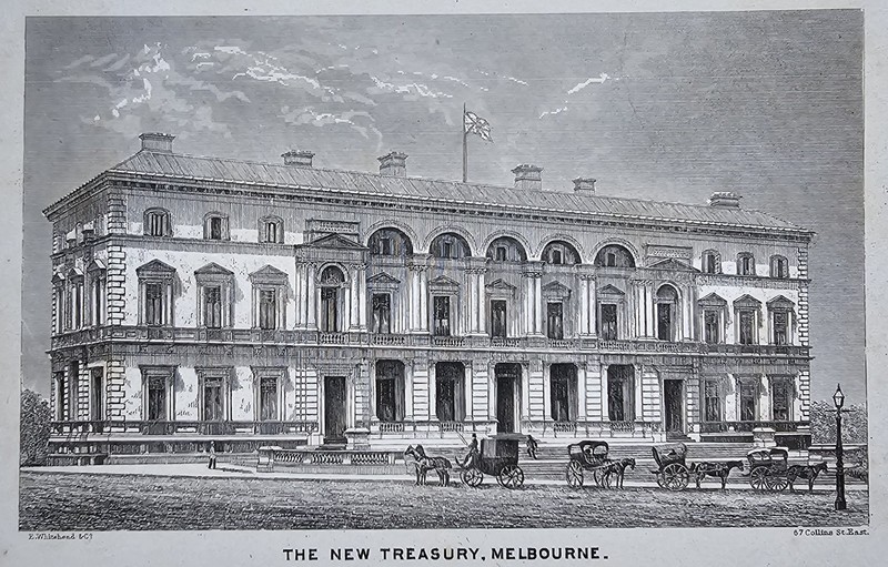 Antique Engraving The New Treasury Melbourne Australia Collins St c1860s