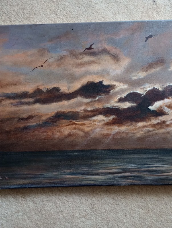 Picture Seascape Sunset 60x40cm Unframed Canvas Brown Grey Seabirds Sea Wall Art gallery