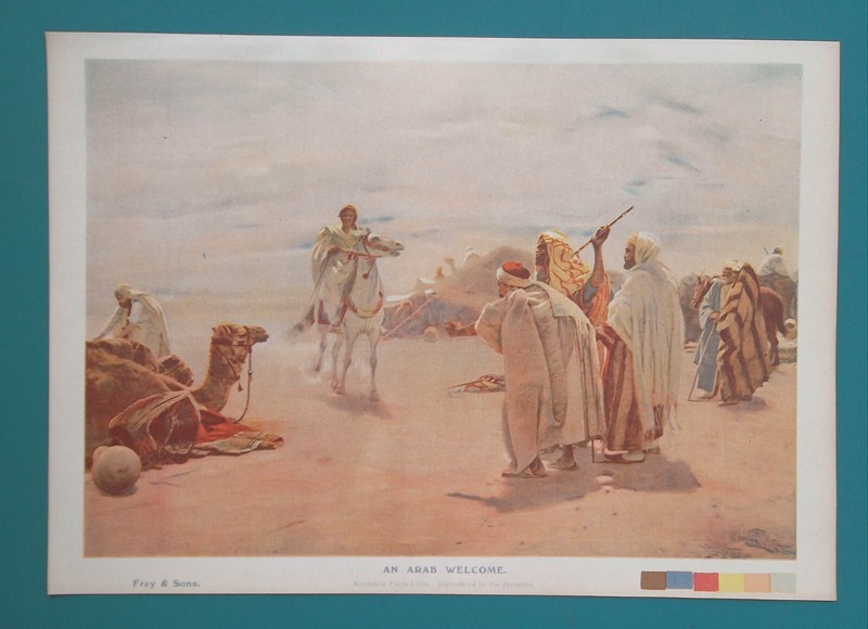 ARAB WELCOME Arabs in Desert Arabian Horse Camel Travelers – 1907 COLOR Print