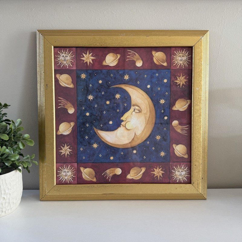 RARE Vintage Celestial Marybeth Zietz Crescent Moon Art Golden Frame 14.5” Large
